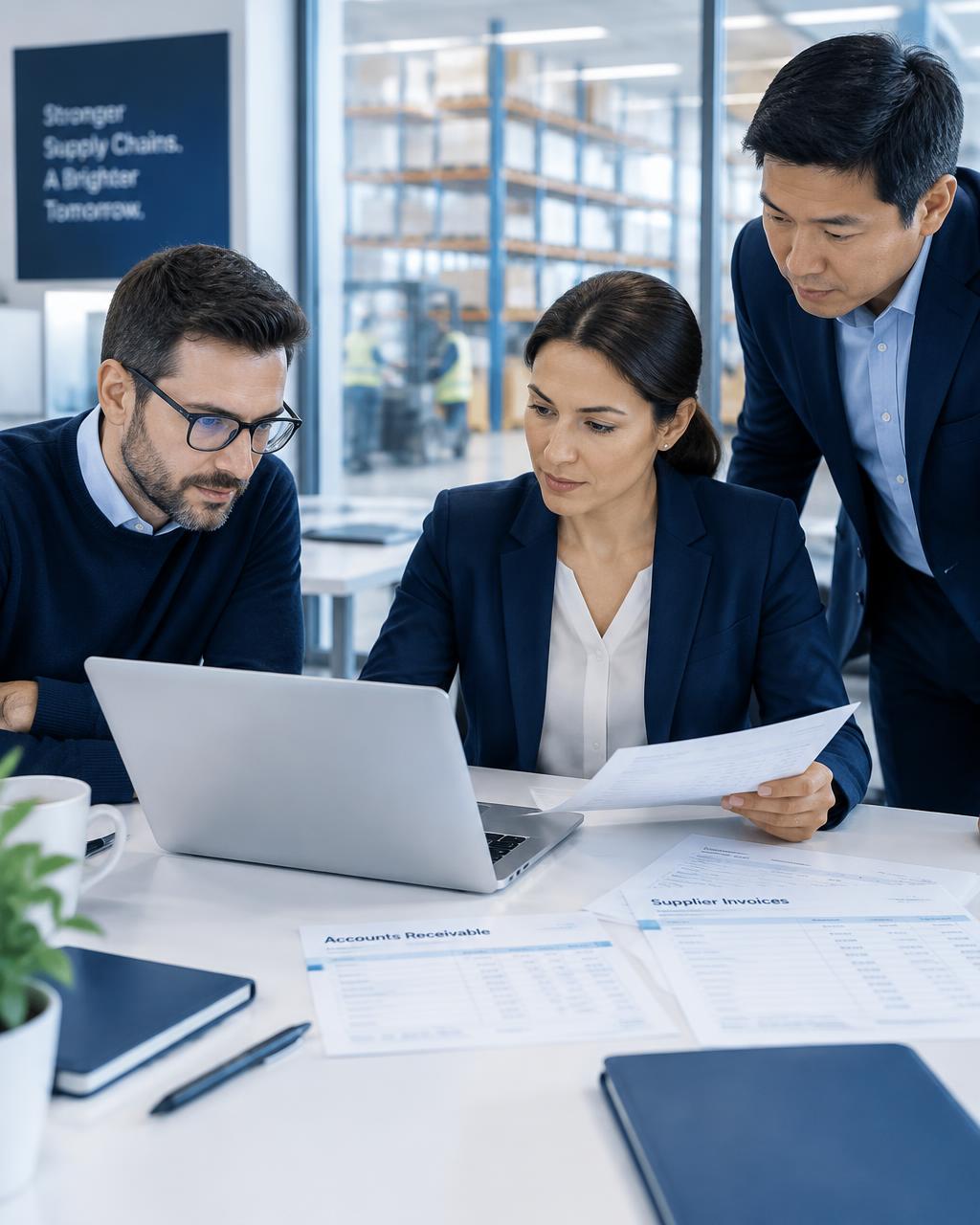 Equipe financeira conferindo contas a receber de fornecedores